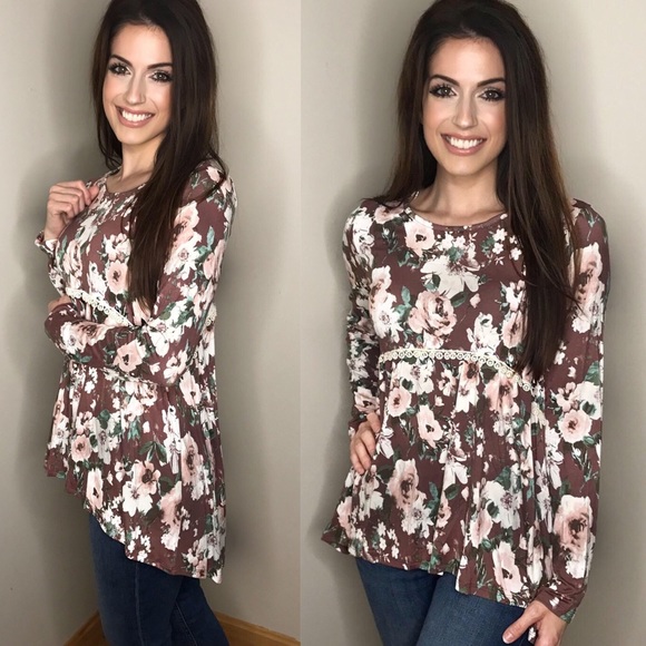 ValMarie Tops - 2 LEFT! Burgundy / cocoa babydoll floral top